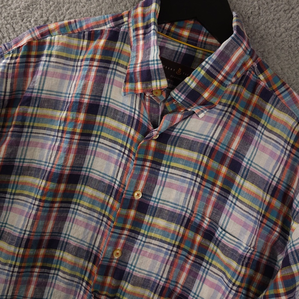 Robert Talbott Shirt Mens XL Blue Pink White Plaid Linen Short Sleeve Button Up